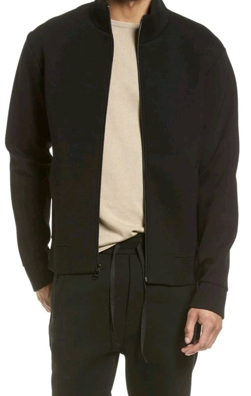 VINCE Black Slim Fit TECH KNIT Jersey Stretch Zip Front Stand Collar Jacket L